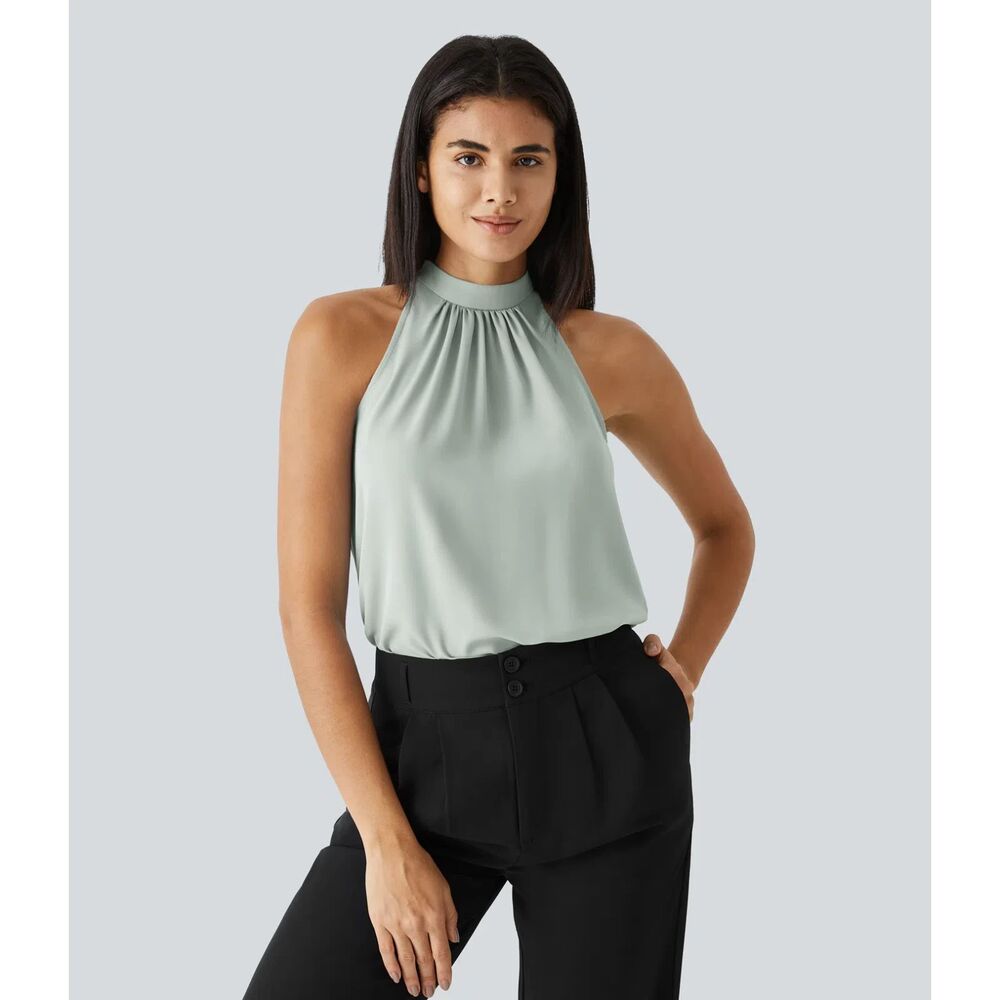 Keyhole Back Halter Sleeveless Curved Hem Work Blouse ***MED*** Pale Clay Green
